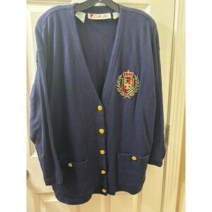 Y2K Chaus Navy 100% Cotton Cardigan Nautical Crest PREPPY Gold Buttons L